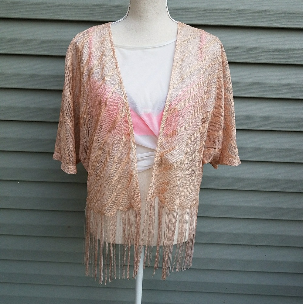 H&M Pink Metallic Fringe Open Kimono Top
